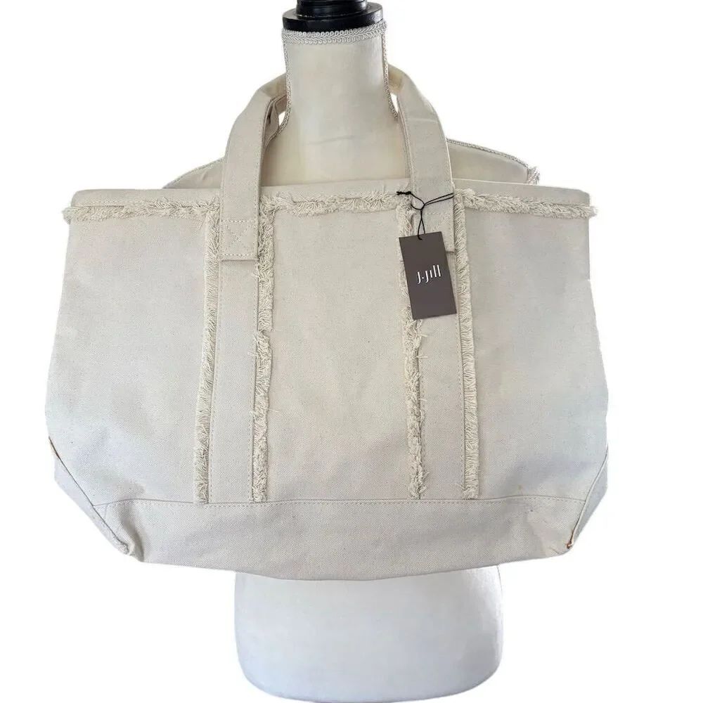 J.Jill Women's Fringe-Trimmed Canvas Tote Bag Natural Cream